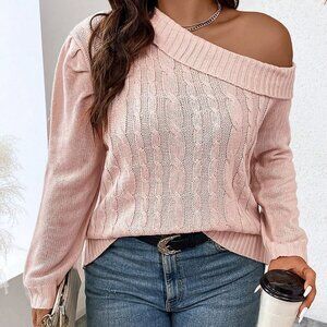 Pink Casual Womens Asymmetrical Neck Cable Knit Sweater